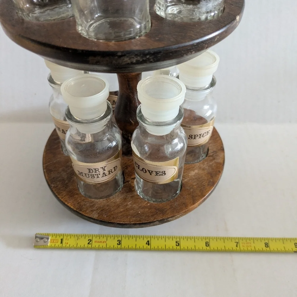 Vintage Glass Spice Jars Bottles Set of 12.Apothecary Jars With Wood Lazy Susan